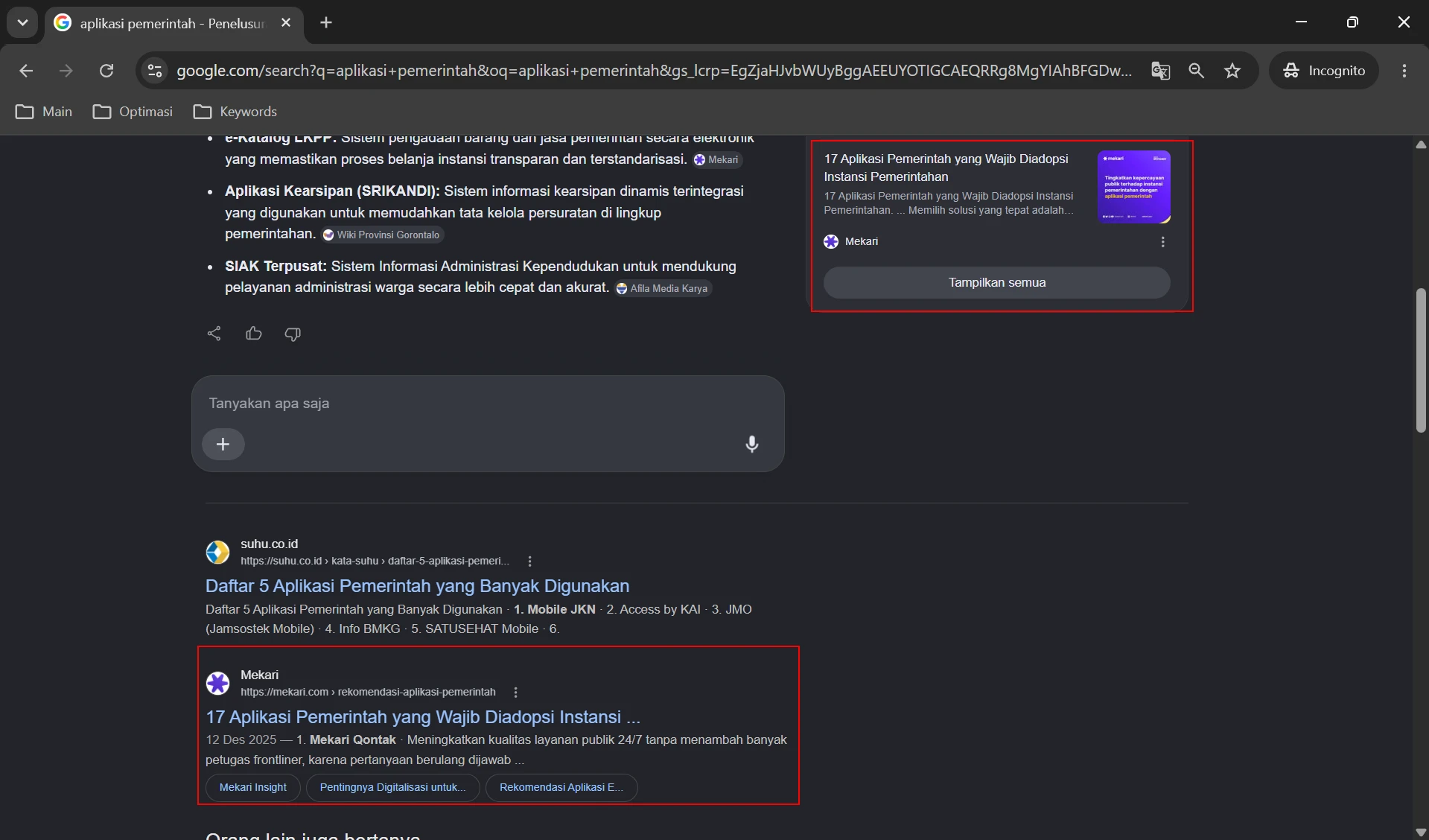Google SERP showing article ranking #1 for Aplikasi Pemerintah